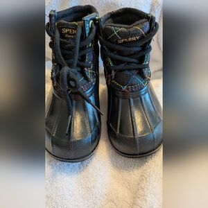 Sperry Black Quilted Kids' Rain Boots with Multicolor Stitching